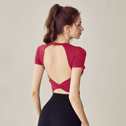 Bright dip backless beautiful back Pilates yoga wear short-sleeved fitness wear T-shirt outer wear women's one-piece sports top black M