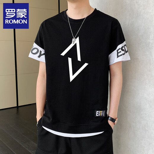 Romon Pure Cotton Kurzärärmelte T-Shirt Herren Sommermodemarke Dünne runde Nacken halbärmeligte T-Shirt für Jugendliche Trendy Fake Zwei-teilige Top 9196 Black M (ca. 85 ~ 105 Jin [Jin entspricht 0,5 kg] kann getragen werden)