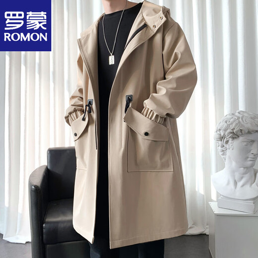 ROMON windbreaker men's mid-length autumn and winter new men's Korean style trendy loose over-the-knee pie jacket handsome coat military green M