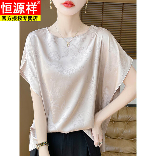 Hengyuan Xiang Xiangyun Sha Satin Kurzarm T-Shirt Damen runden Hals losen Fledermaushülseneis Ice Seiden Top Bambus Jacquard Lazy Style Hemd Champagner Farbe L (geeignet für 110-130jin [Jin gleich 0,5 kg])