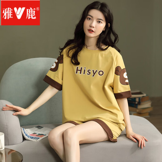 雅鹿睡衣女夏运动可爱韩版学生短袖薄款宽松两件套装春秋家居服可外穿 米白色 GXT6636图色 3XL (建议145-155斤)