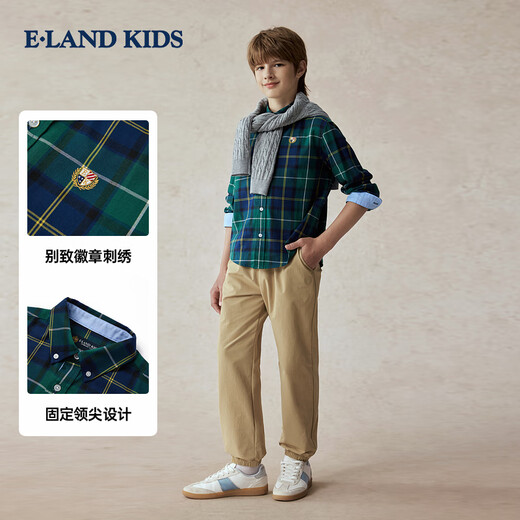 E LAND KIDS children's clothing boys' shirt season new retro British plaid long-sleeved top Green green/40 160