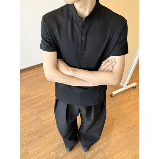 莫小刀美式复古正肩短袖男夏季cleanfit亨利领t恤男显瘦运动上衣polo衫 浅灰色 XL 建议120-140斤