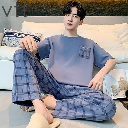 VTT睡衣男夏季纯棉短袖长裤男款薄款大码简约可外家居服套装 V短袖长裤：OMM13077 L
