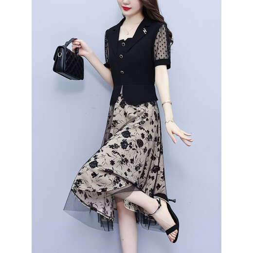 
Hengyuanxiang middle-aged mother summer dress Lady's summer 2025 new fashionable and stylish temperament fake two-piece dress black - 7371 L (110Jin [Jin equals 0.5 kg] or less)