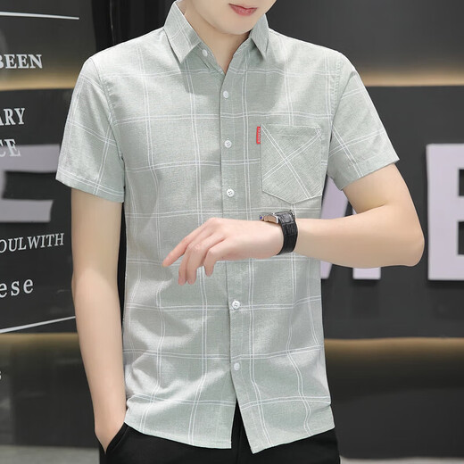Hailan Home's brand 2025 new shirt summer men's short-sleeved plaid shirt casual Korean style slim and pure 844 khaki L 105-119Jin [Jin equals 0.5 kg]