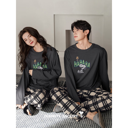 Beiyan Snoopy Couple Pajamas Women's Spring and Autumn New Soft Cotton Long-Sleeved Cartoon Home Clothes Men's Outerwear Large Size Suit C20794 Men's L