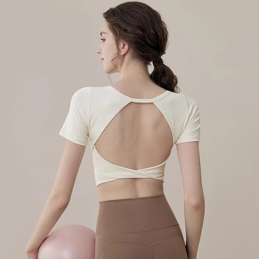 Bright dip backless beautiful back Pilates yoga wear short-sleeved fitness wear T-shirt outer wear women's one-piece sports top black M