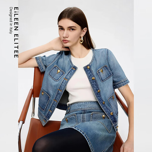 朗姿欧洲EiLEEN ELITEE2025秋新款时尚纯棉圆领短袖牛仔短外套女 藏蓝色 XL