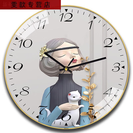 三栖虎钟表挂钟家用网红客厅表新款挂墙时钟时尚高颜值免打孔石英钟 6624调皮少女 14英寸(35厘米)曲面玻璃