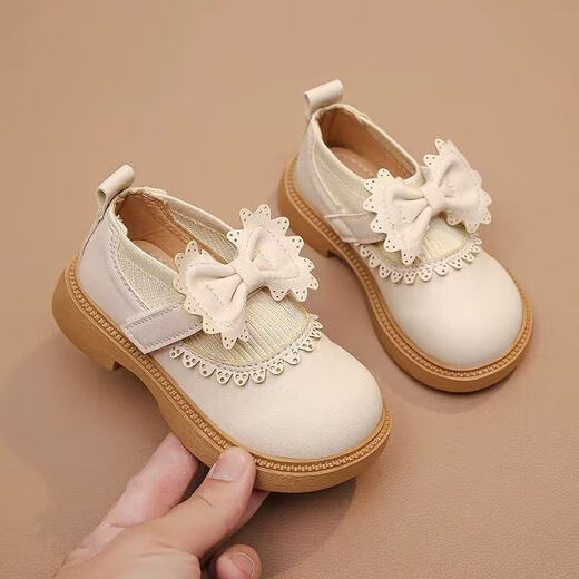 Bangboshi Girls' Small Leather Shoes Princess Shoes 2026 Four Seasons New British Style Girls' Versatile Soft Sole Performance and School Wear Single Shoes Bow-Off-White Size 28 Inner Length 17.4cm
