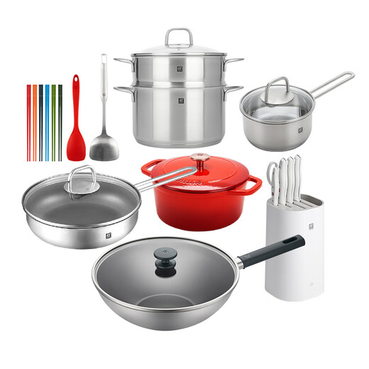 ZWILLING family portrait pot set, wok, frying pan, soup pot, milk pot, enamel pot, sterilizing kitchen knife, kitchen set, housewarming, wedding and wedding kitchenware, flagship upgrade, 20-piece titanium wok set