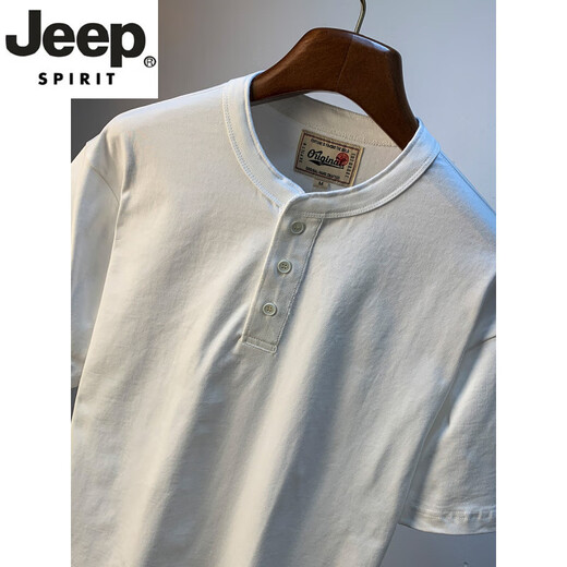 JEEP SPIRIT100棉夏季短袖T恤男纯棉宽松半开衫休闲亨利领白色百搭五分袖衣服 白色 【5K612】 XL 适合140-160斤穿