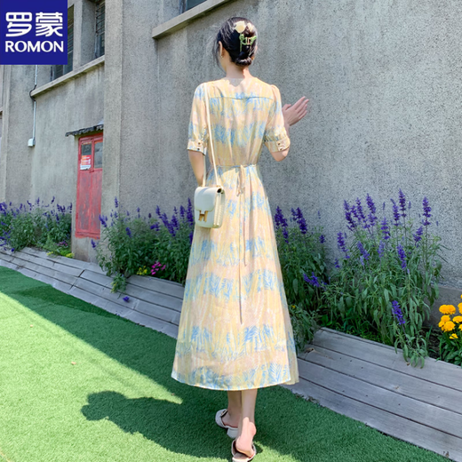 
ROMON (ROMON) 2025 summer new chiffon floral dress with female temperament goddess style skirt with high waist waist slim long skirt color M Suggestions [100-115Jin [Jin equals 0.5 kg]]