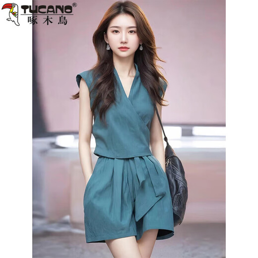 Woodpecker (TUCANO) cotton niche vest shorts goddess suit 2025 summer new style dignified fashion age-reducing two-piece set 5247 blue L [Suggested 105-115Jin [Jin equals 0.5 kg]]