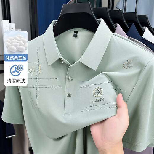 Lanrenfang luxury mulberry seiden kurzärmelig t-Shirt Herren 2025 Sommer Revers Polo-Hemd coole Geschäfte Casual halbärmelige Top 2677 Navy Blue 2xl Empfohlenes Gewicht 148-165 Jin [Jin gleich 0,5 kg]