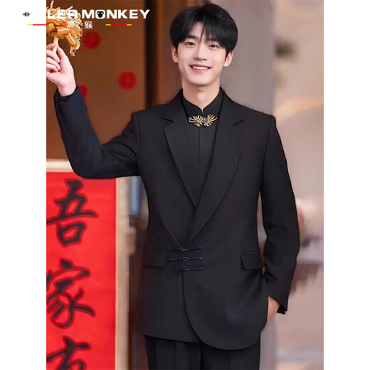 声猴高档新中式中山装西装外套男订婚结婚新郎中国风西服套装礼服唐装 中式西服+中式衬衫+西裤【三件套】 XL （115-130斤）