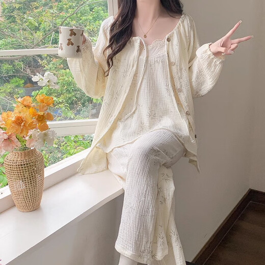 Montagut Cloud Cotton Pyjamas für Frauen im Frühjahr und Herbst Langarmschlingen Drei-teiliges Set Cute Leaf Pure Style Home Clothing 2025 NEU TFN#F9928 5XL M Empfohlen 75-95jin [Jin gleich 0,5 kg]
