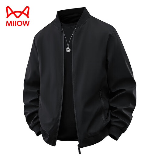 MiiOW Men's Stand Collar Jacket Autumn 2025 New Loose Casual Solid Color Windproof Baseball Jacket Workwear Top Jacket F Black 2XL