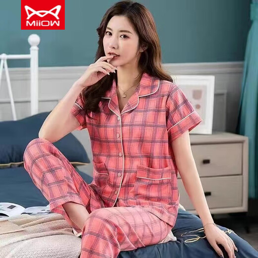 Catman MIIOW new pajamas for women, summer pure cotton short-sleeved trousers, pure cotton middle-aged mothers can wear home clothes suits R:2103 9923 M Suggestion [80-Jin [Jin equals 0.5 kg]]
