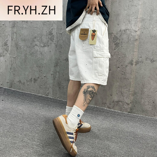 Fr.yh.zh yin xiaoji lavado pesado ropa de trabajo suelto de bolsillo gran bambú de mezclilla blanca pantalones de cinco puntos para hombres y mujeres 1049 blancos M [90-110]