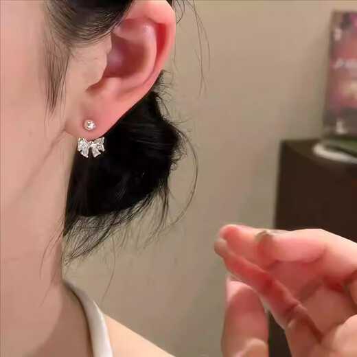 FVIP Old Phoenix 999 sterling silver pure silver hanging zircon bow exquisite simple sweet versatile earrings earrings rear hanging zircon bow earrings a pair