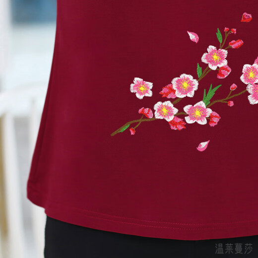 温莱蔓莎40岁女人穿的气质女装夏天半袖衫中老年人短袖T恤中年半截袖上衣 9928酒红色-短 XL 105斤内