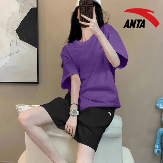 安踏（ANTA）运动套装女款宽松透气短袖短裤速干五分裤多巴胺T恤休闲显瘦 -7原木色/基础黑 M/170 适合100-120斤