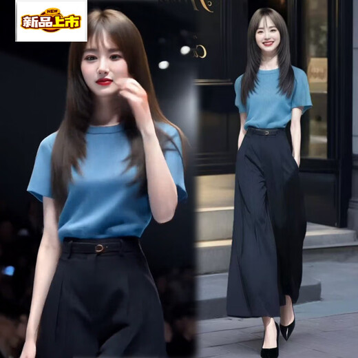初径时尚套装女夏季新款时髦洋气短袖恤高腰阔腿裤气质两件套潮 蓝色上衣+黑色裤子(套装) S (80-100斤)
