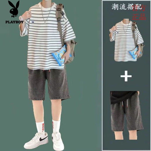 Playboy Striped Kurzärmeranzug Herren Sommer lässig und gutaussehende Kleidung mit trendigen T-Shirt-Denim-Shorts zweiteiler Set 9226 Black + 147 Denim Shorts Black Grey S