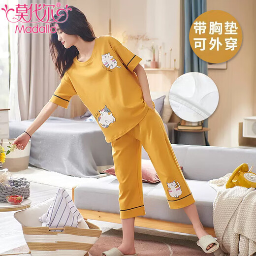 莫代尔带胸垫睡衣女士夏季纯棉短袖七分裤薄款2025新款可外穿家居服套装 七分带胸垫：679芭比熊 M 75-95斤