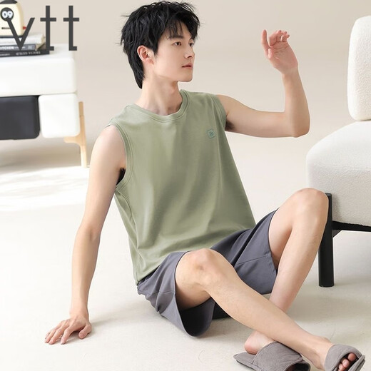 VTT无袖睡衣夏季纯棉套装背心男士新款家居服男款薄款短裤可外 V背心套装：OMM13657 L