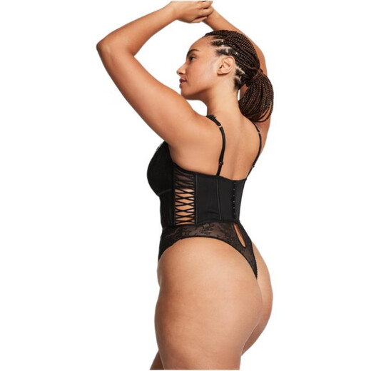 维多利亚的秘密（VICTORIA'S SECRET）Victoria'sSecret维密纯色蕾丝超薄镂空高脚口连体衣女款 黑色 L