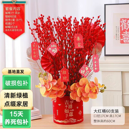 Fortune Bucket Silver Willow Red Dried Flowers Real Flowers Fresh Branches Cold-resistant New Year's Eve Flowers Hydroponic Flowers Indoor Living Room Decorative Flowers Silver Willow 60 High 60 Count + Auspicious Ruyi Fortune Bucket B Set