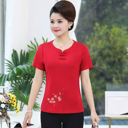 Chemise d'été de Madianfen 2025 Nouveau t-shirt à manches courtes pour personnes d'âge moyen et âgées, vêtements lâches brodés d'âge moyen 9928 Bourgogne à manches xl 105jin [Jin est égal à 0,5 kg]