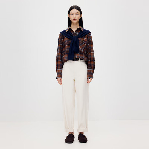 Shuiyunjian Women's Clothing Commuting Fashion Dark Coffee Check Pattern Loose Long-Sleeved Shirt with Shawl 2025 Autumn New Style Dark Coffee Check S