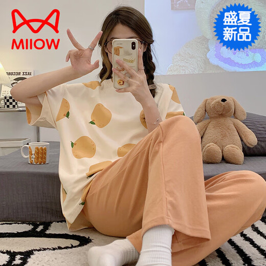 猫人（MiiOW）带胸垫睡衣女款夏季纯棉短袖长裤两件套装一体式免穿文胸罩家居服 慕思伴-好QG9207 M 【带固定胸垫】
