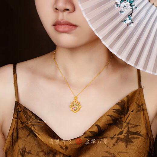 Mingzuan International 18K gold pendant for women au750 ancient charm orchid and field jade necklace enamel palace neck gift for girlfriend