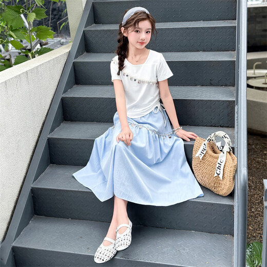 女童夏季时尚波西米亚风两件套2025新款女孩度假风T恤半身裙套装 白色 套装（短袖+半身裙） 170 （建议160以内）