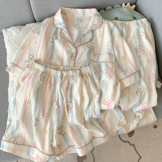 恒源祥纯棉纱布睡衣女短袖长裤春夏款三件套可爱小狗少女开衫家居服夏季 云朵棉-J9901#乐园小狗三件套 M 【建议75-100斤】