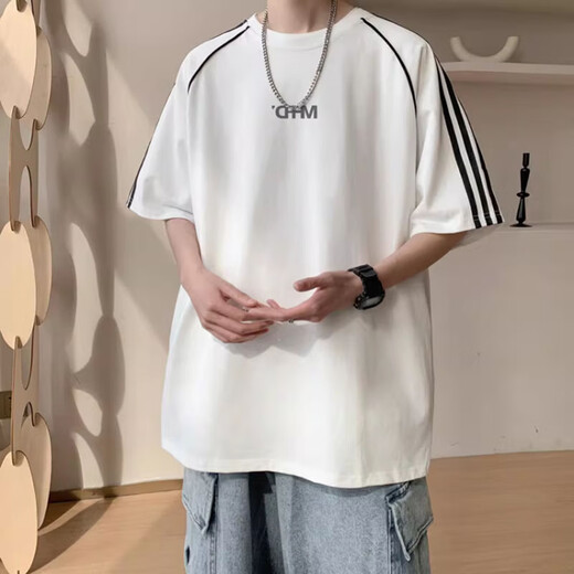 7 high-quality American striped sports T-shirts men's summer trendy brands high street handsome short-sleeved teen loose casual half-sleeved top CQS-1504 gray M