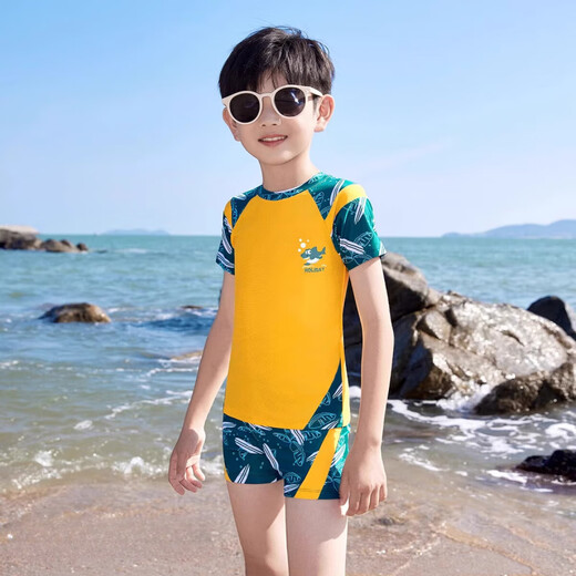 Jingyouyu Alemania 2025 nuevo traje de baño para niños para hombres y niños grandes entrenamiento de natación dividido traje de baño con protección solar de secado rápido costuras amarillas y verdes Calidad Clase A 170 L altura recomendada 100-110 cm peso 25-3
