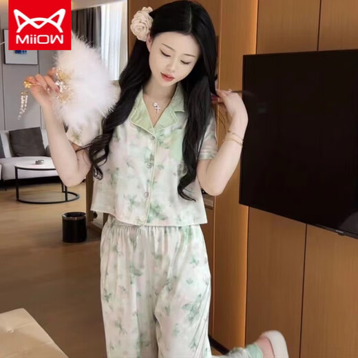 猫人 MIIOW超仙小香风睡衣女夏季短袖长裤冰丝薄款感可外穿春秋季家居服 694 蝴蝶水墨画 短袖长裤 M ( 建议 80-98斤)