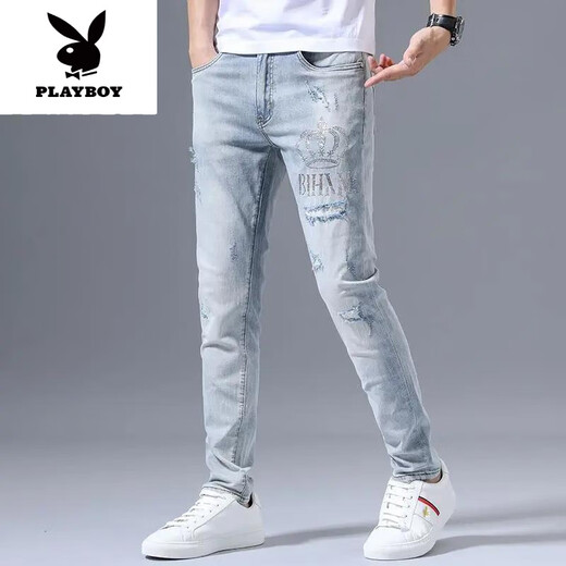 Playboy (Playboy) Летние растяжки для эластичных джинсов Мужские разорванные вышивающие вышива