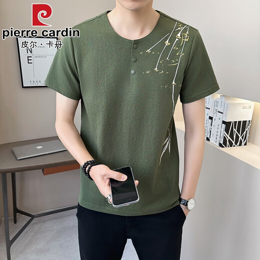 皮尔卡丹（pierre cardin）新中式国风v领短袖T恤男夏季亚麻2025新款透气竹子半袖男士体恤衫 9858卡其色 M (约90~105斤可穿)