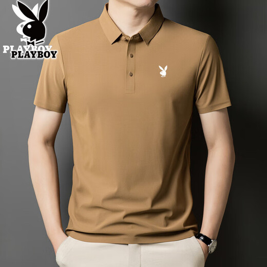 Camiseta de manga corta de seda de seda de hielo playboy para hombres 2025 Nuevo negocio de mediana edad solapa de color sólido Polo de gran tamaño Klein Blue-12358H-Ice Silk Traceless Camiseta 2XL 140-155Jin [Jin equivale a 0.5 kg]