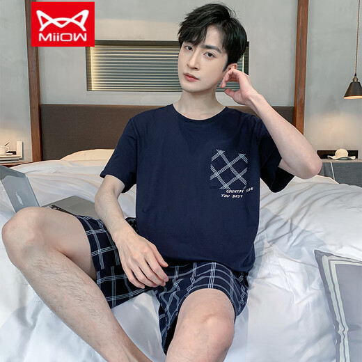 Catman (MiiOW) summer men's pajamas short-sleeved shorts cotton teenagers Korean style student large size home clothing middle-aged suit thin 9922 L men (recommended 100-130 Jin [Jin equals 0.5 kg])