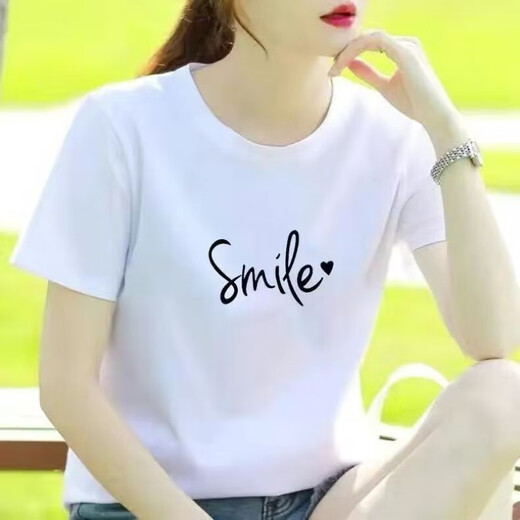 Weißer Sommer lässig losen losen großer studentischer runder Hals gedrucktes kurzärmeliges T-Shirt für Frauen, schlank und vielseitiges neues einfaches T-Shirt 1484 m 85-95jin [Jin ist 0,5 kg]