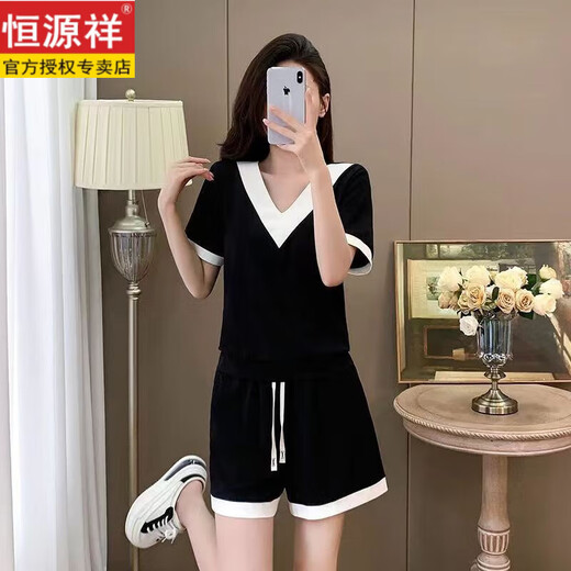 恒源祥棉休闲运动短裤套装女2025夏季大码宽松遮肉洋气撞色短裤两件套 黑色 L 115-130斤
