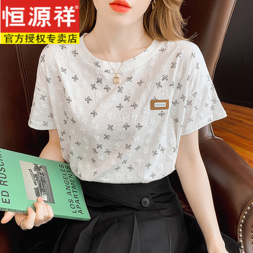 恒源祥冰丝短袖妈妈纯·棉短袖t恤女白色半袖夏装2025年新款韩版宽松女 810蓝方块+869彩字母 S 建议95斤以内